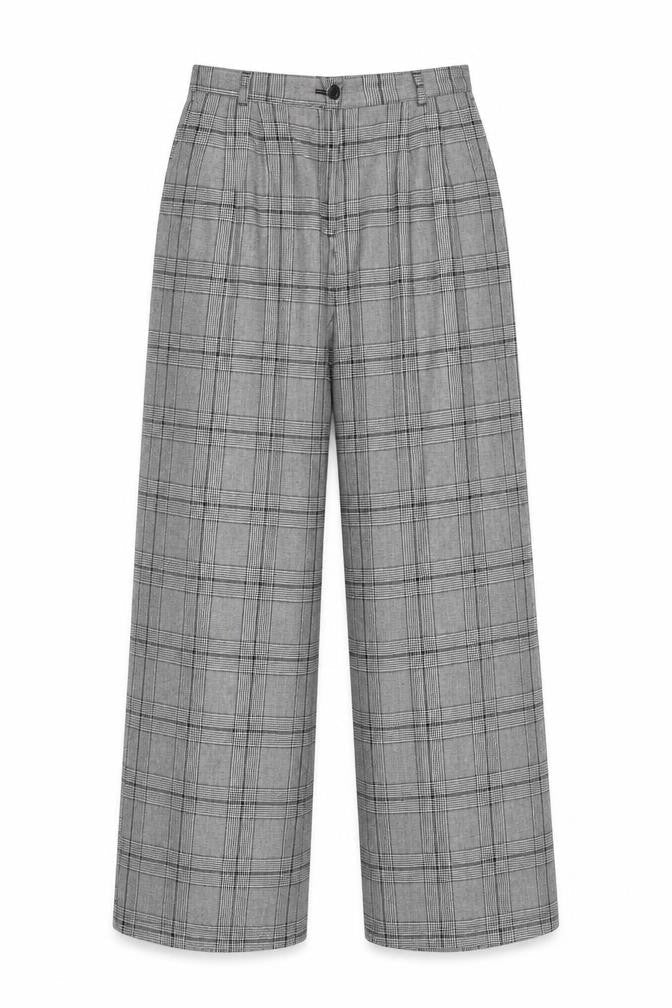 Pop England Womens Grey Check Wide-Leg Pleated Trousers Size 4