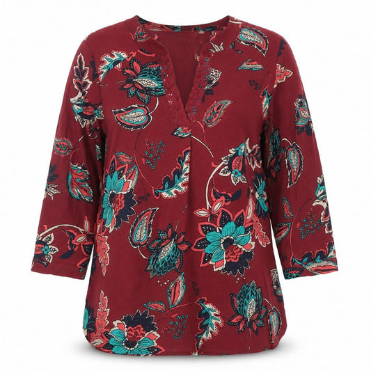 Van Heusen Womens Red Floral Tunic Blouse 2XS V-Neck 3/4 Sleeve