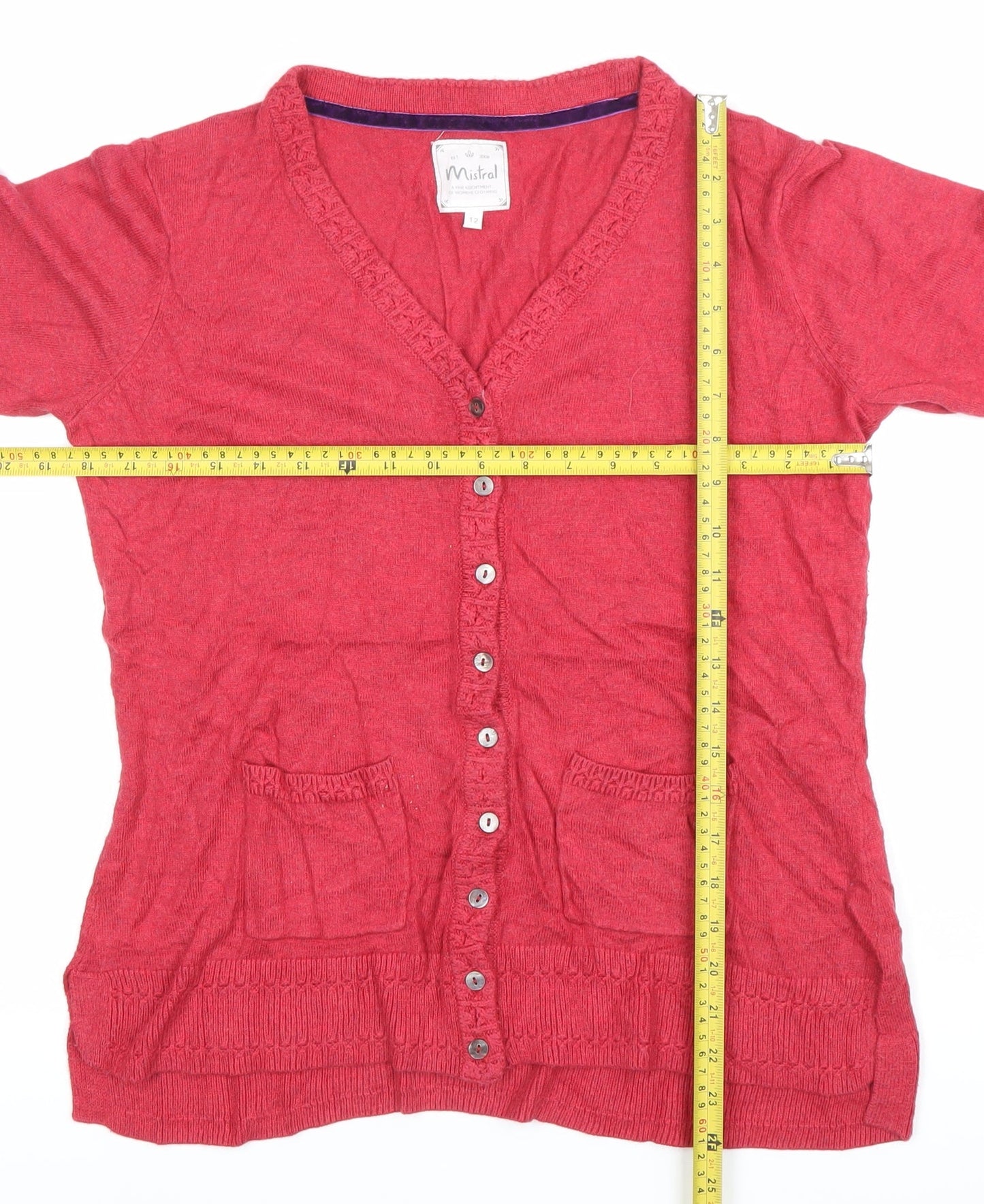 Mistral Womens Red Cardigan Size 12 V-Neck Knit Pockets