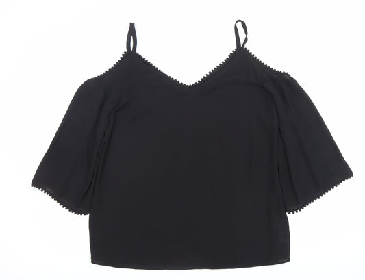 Wallis Women’s Black Cold Shoulder Blouse Size S V-Neck Chiffon