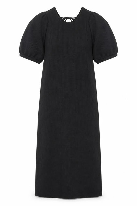 H&M Women Black XS Shift Puff Sleeve Tie Neck Knee Length Dress