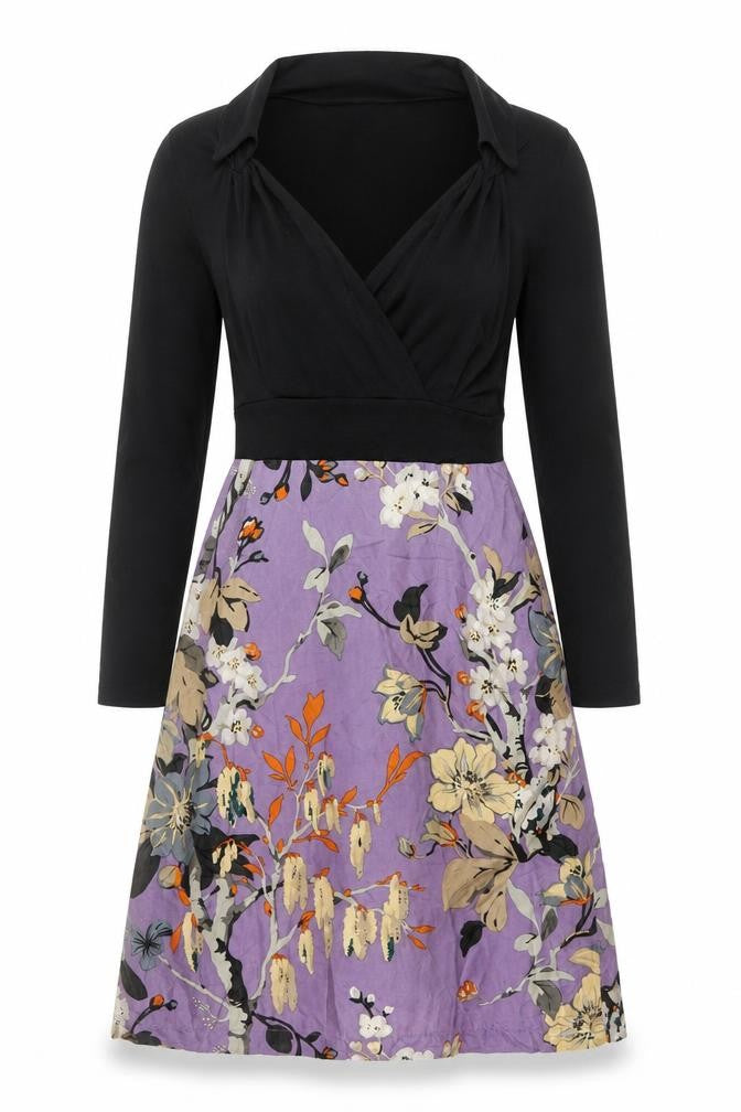 Fancymae Women’s Black Purple Floral A-Line Long Sleeve Silk Blend Dress S