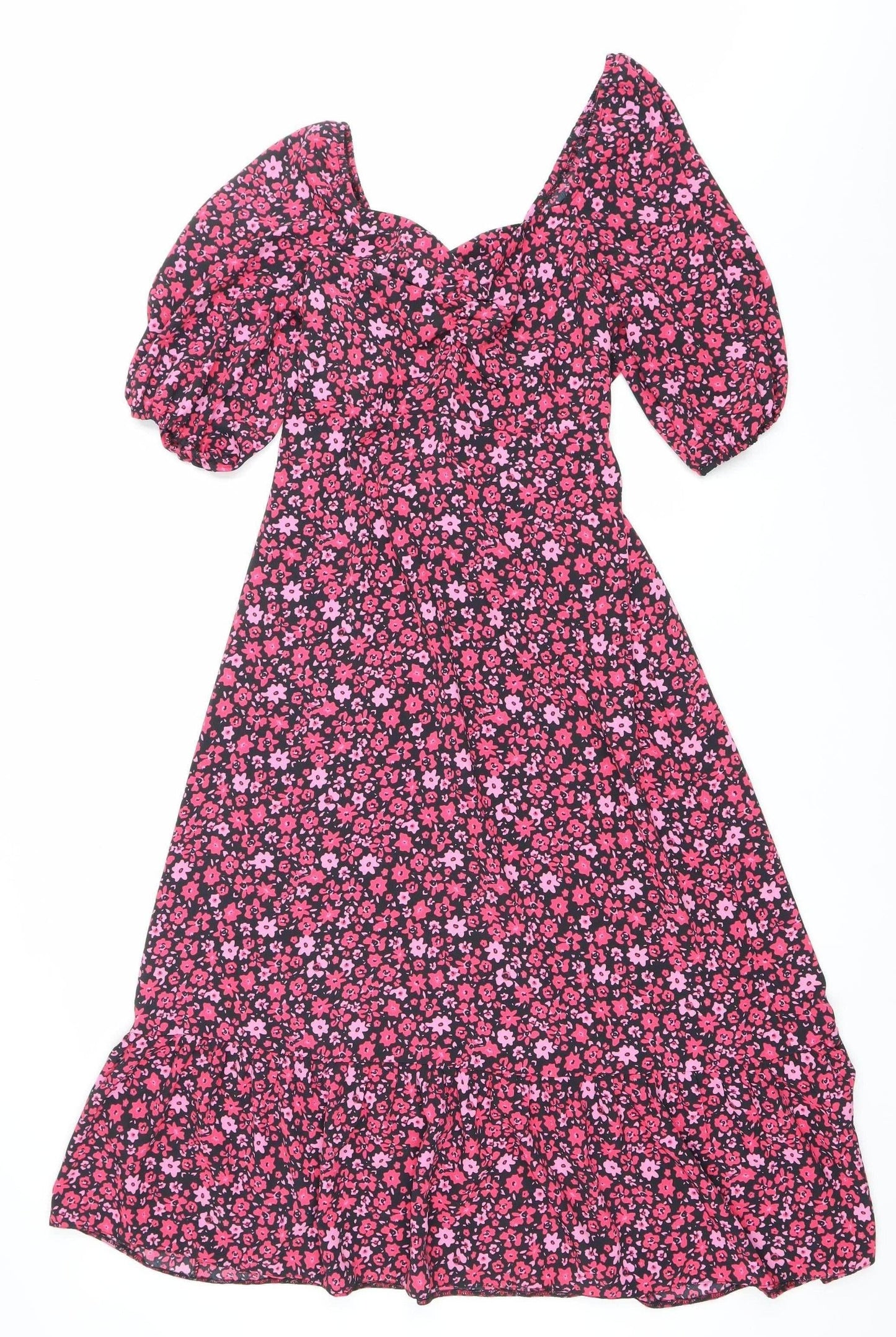 New Look Womens Pink Floral Wrap Midi Dress Size 10 Short Sleeve