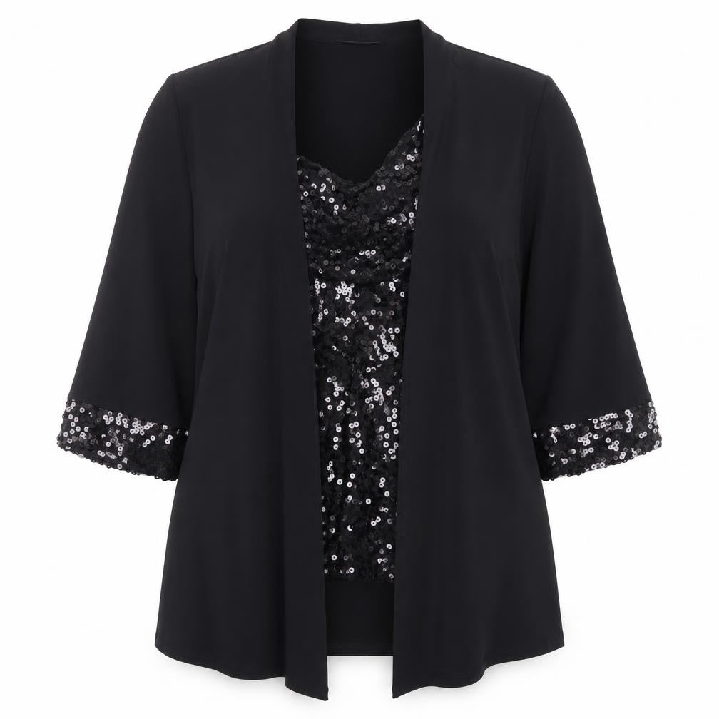 Fosby Design Women’s Black Sequin Trim Blouse UK 16 Tunic 3/4 Sleeve