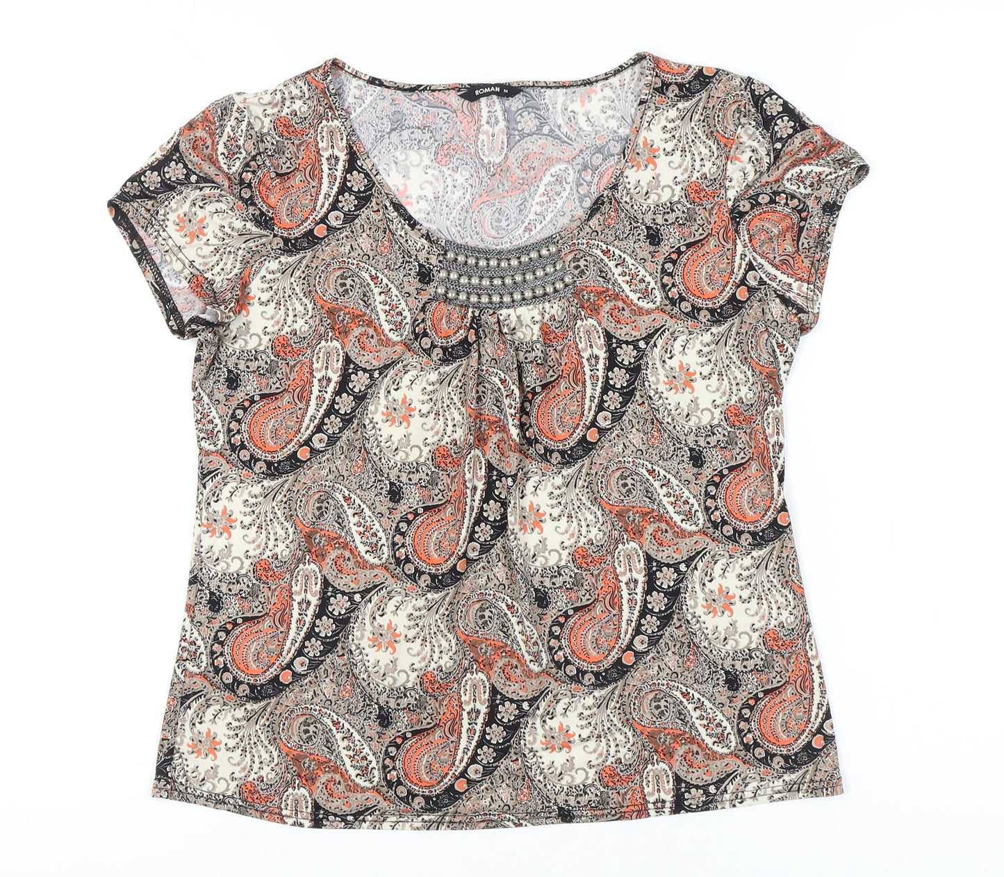 Roman Women’s Multicoloured Paisley Beaded Scoop Neck T-Shirt Size 14