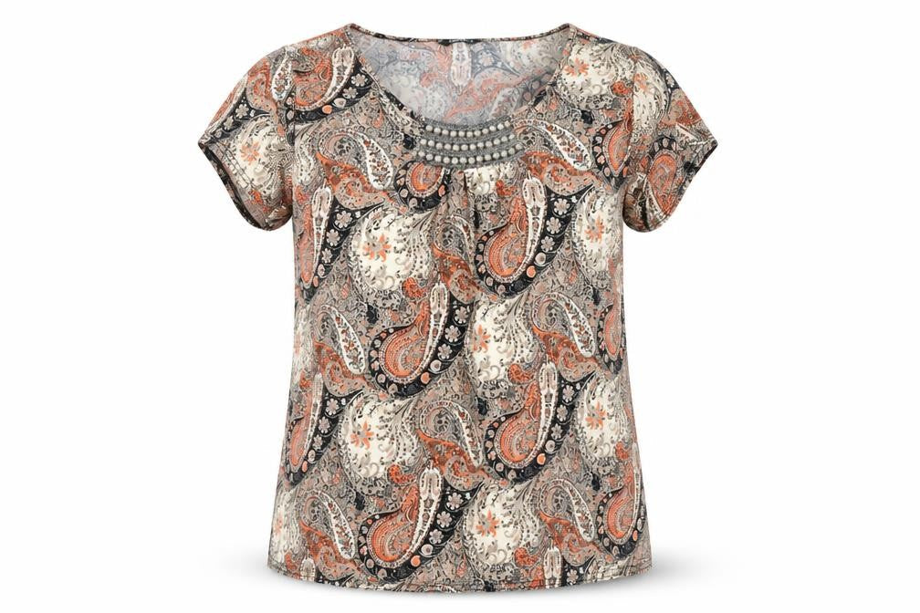 Roman Women’s Multicoloured Paisley Beaded Scoop Neck T-Shirt Size 14