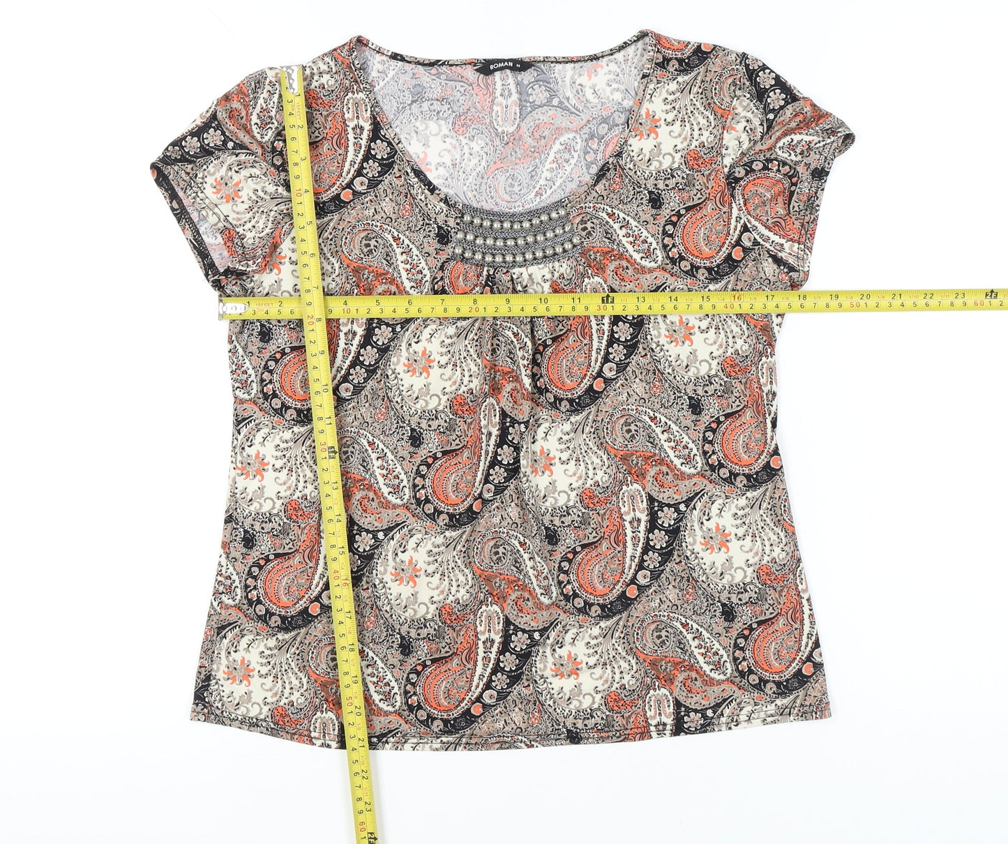 Roman Women’s Multicoloured Paisley Beaded Scoop Neck T-Shirt Size 14