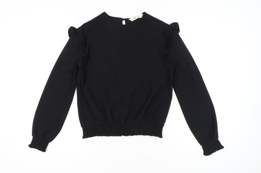 H&M Teens Black Long Sleeve Ruffle Blouse Size 14 Polyester