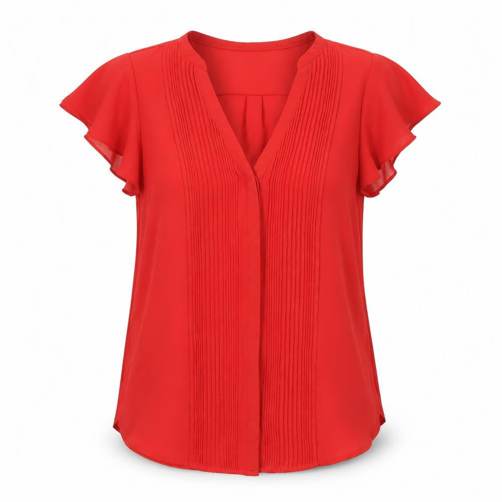 H&M Women Red Blouse UK 10 Tunic Pleated V-Neck Short Sleeve