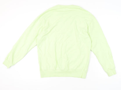 Close-up detail of Adidas men’s green small pullover sweatshirt crew neck long sleeve