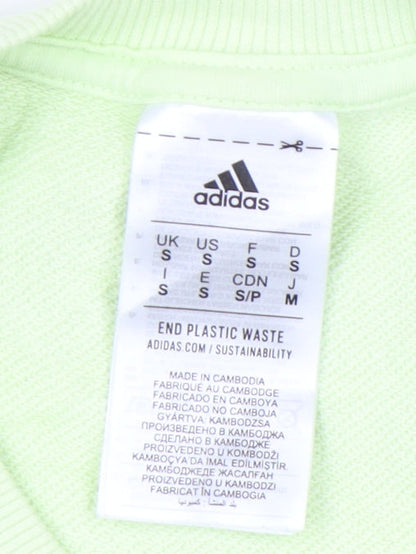 Brand and care label for Adidas men’s green small pullover sweatshirt crew neck long sleeve