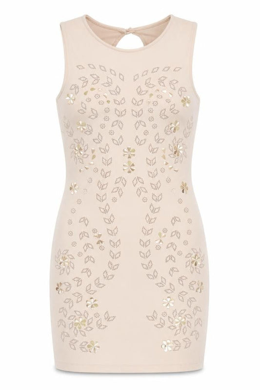River Island Women’s Beige Bodycon Dress UK 10 Sleeveless Floral Party