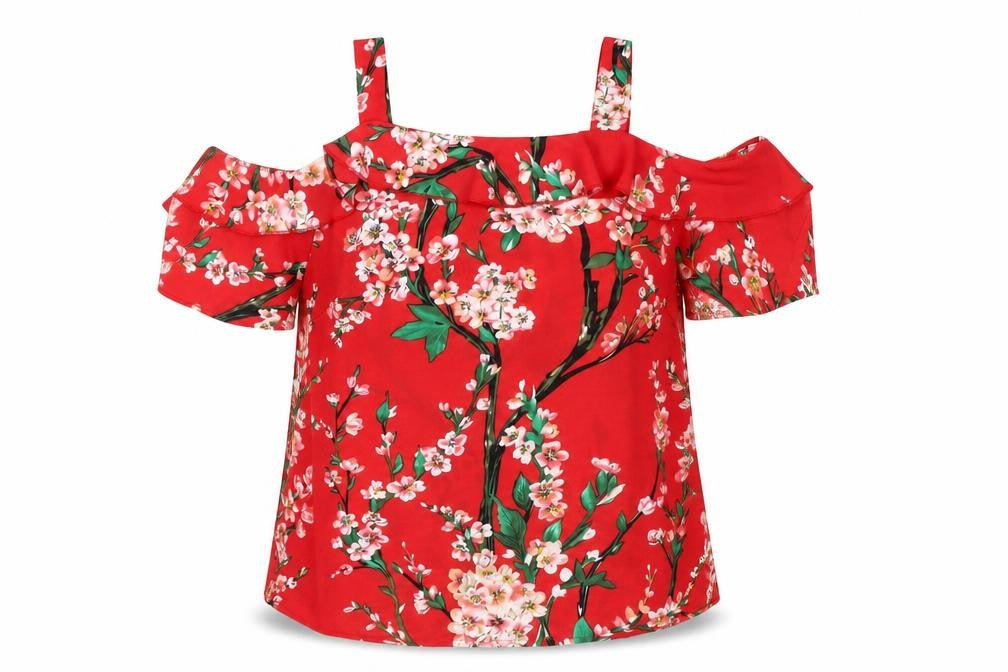 Quiz Womens Red Floral Cold Shoulder Ruffle Blouse Size 10