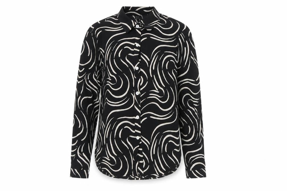 Droimp Womens Black Geometric Button-Up Shirt Size 12 Long Sleeve
