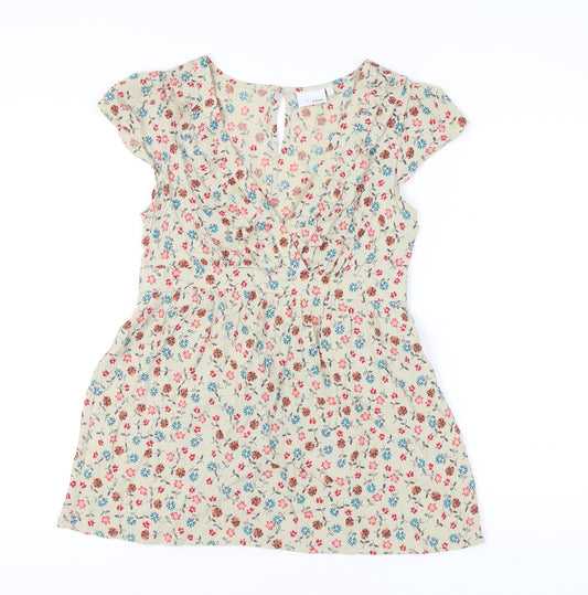 Next Women Beige Floral Tunic Blouse Size 12 Short Sleeve Viscose