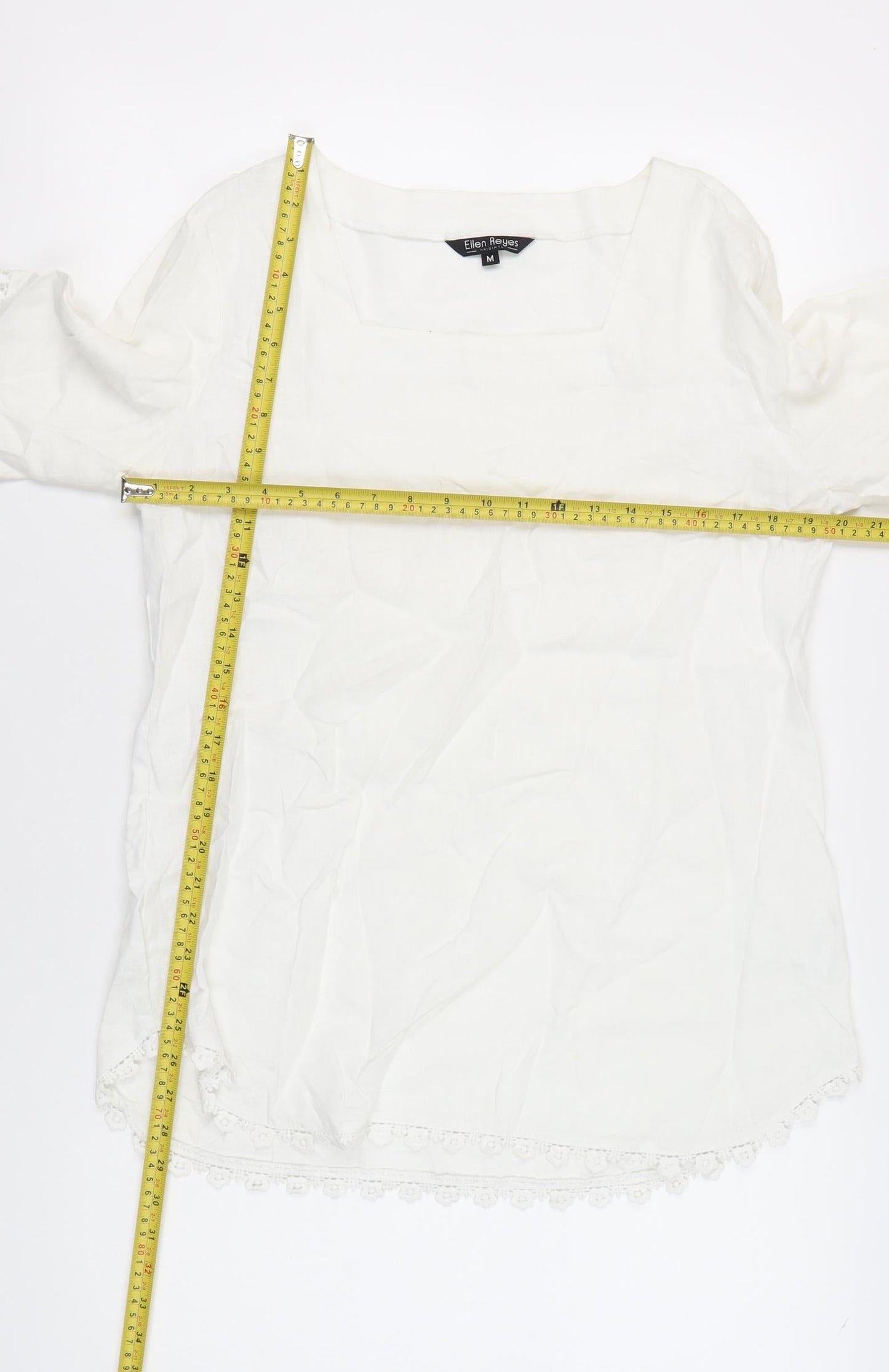Ellen Reyes Women’s White Cotton Tunic Blouse M Boho Crochet 3/4 Sleeve
