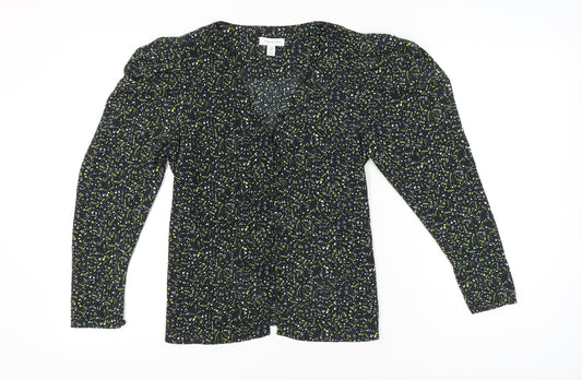 Topshop Women’s Black Floral Wrap Blouse UK 10 Puff Sleeve V-Neck