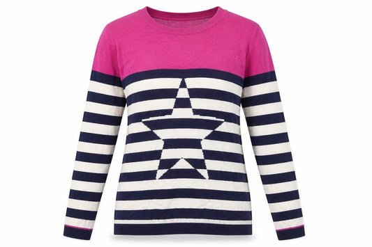 Oasis Womens XS Pink Navy White Striped Star Jumper Crew Neck