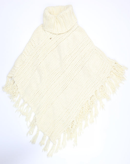 Next Women’s Ivory Roll Neck Chunky Knit Cape L Fringe Trim