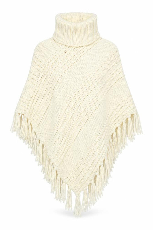Next Women’s Ivory Roll Neck Chunky Knit Cape L Fringe Trim