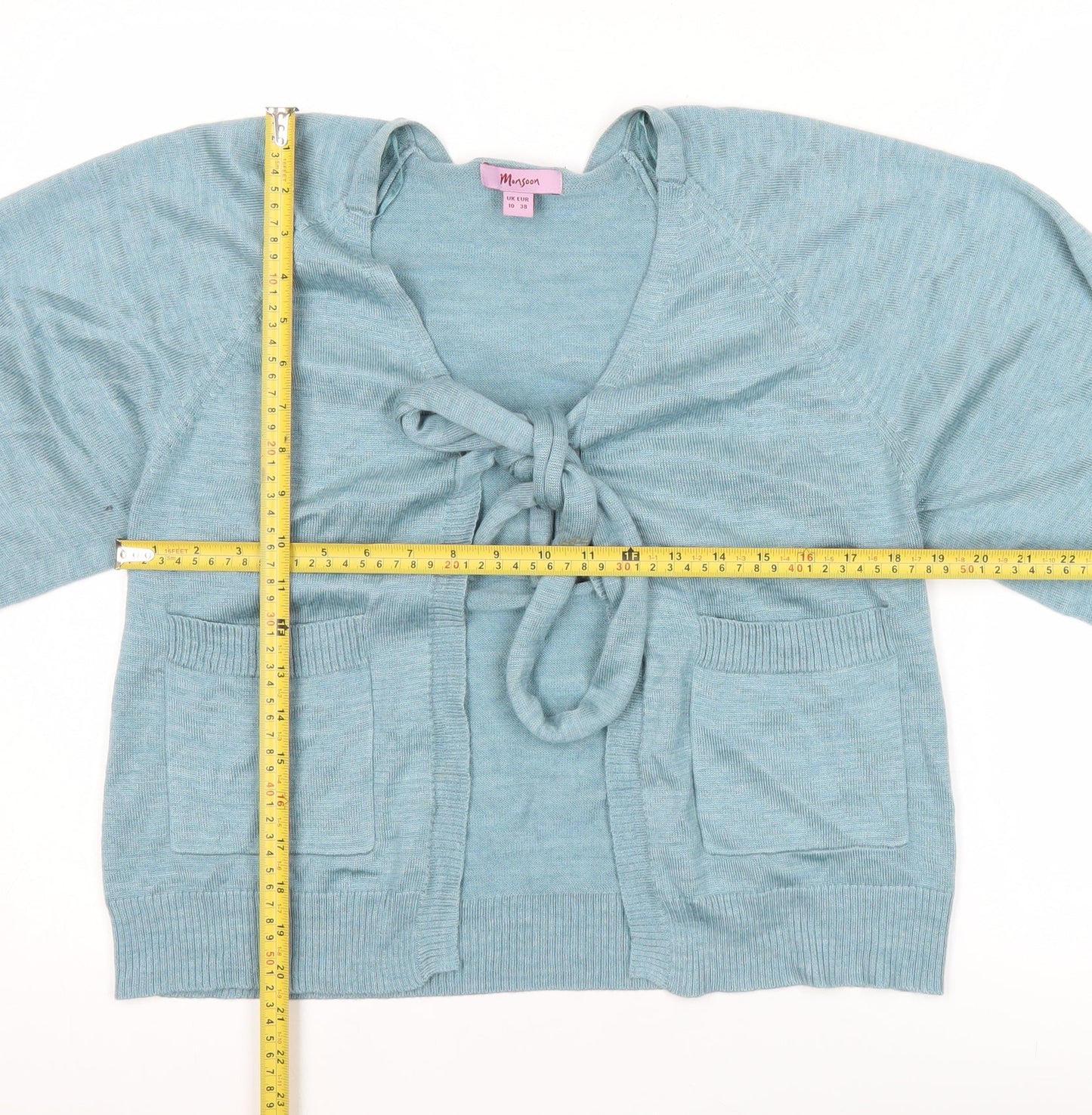 Monsoon Women’s Blue Cardigan UK 10 V-Neck Bow Detail 3/4 Sleeve