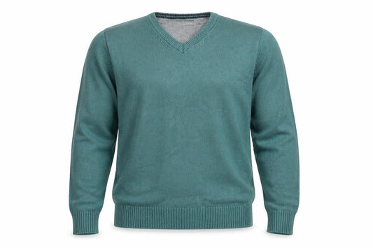 Front view of Maine New England men’s green cotton v-neck jumper, size M