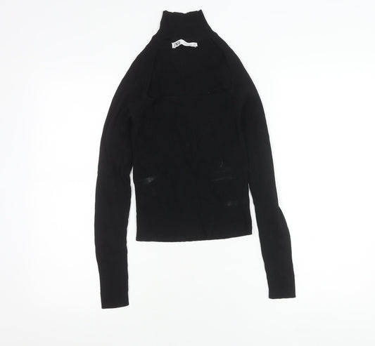 Zara Women Black M Mock Neck Slim Knit Long Sleeve Top