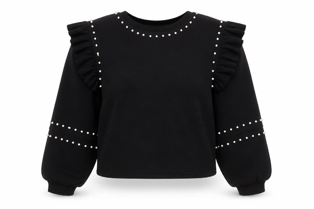 Zara Women’s Black Pearl Studded Ruffle Pullover Jumper Size M