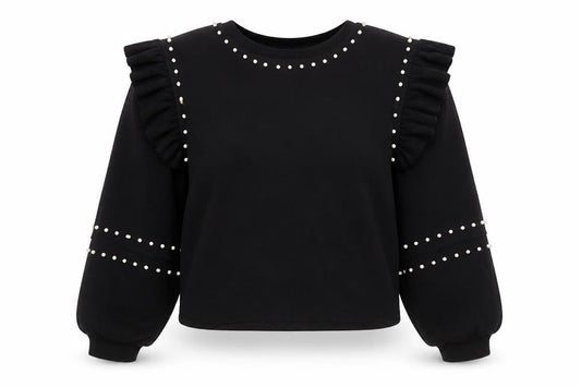 Zara Women’s Black Pearl Studded Ruffle Pullover Jumper Size M