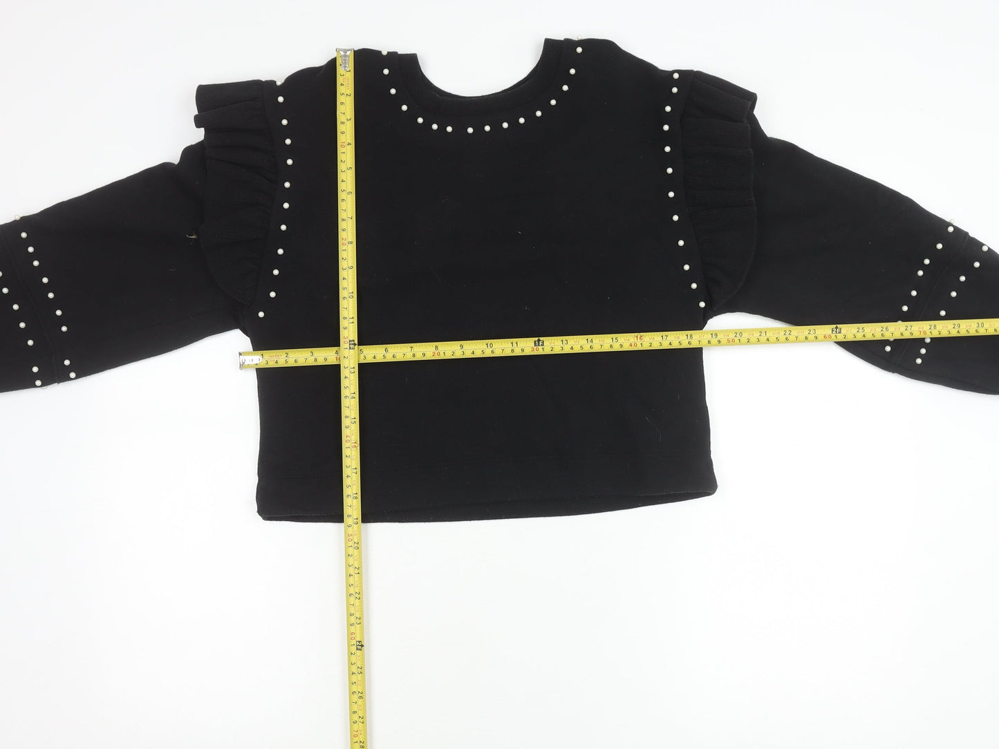 Zara Women’s Black Pearl Studded Ruffle Pullover Jumper Size M