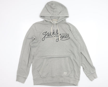 Jack & Jones Mens Grey XL Pullover Hoodie Logo Graphic Sweatshirt