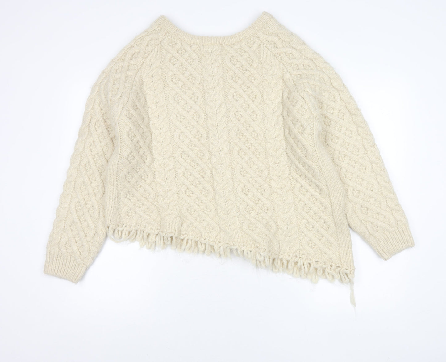 Zara Women Ivory Cable Knit Cardigan M Long Sleeve Crew Neck Fringed