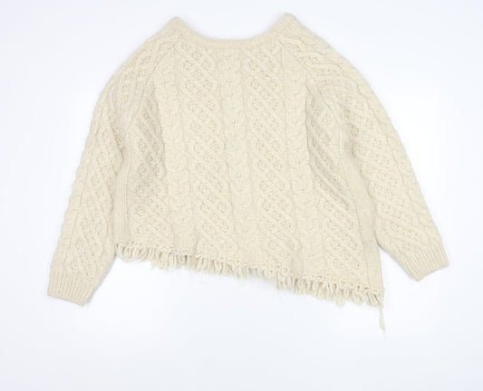 Zara Women Ivory Cable Knit Cardigan M Long Sleeve Crew Neck Fringed