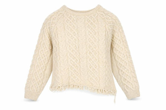 Zara Women Ivory Cable Knit Cardigan M Long Sleeve Crew Neck Fringed