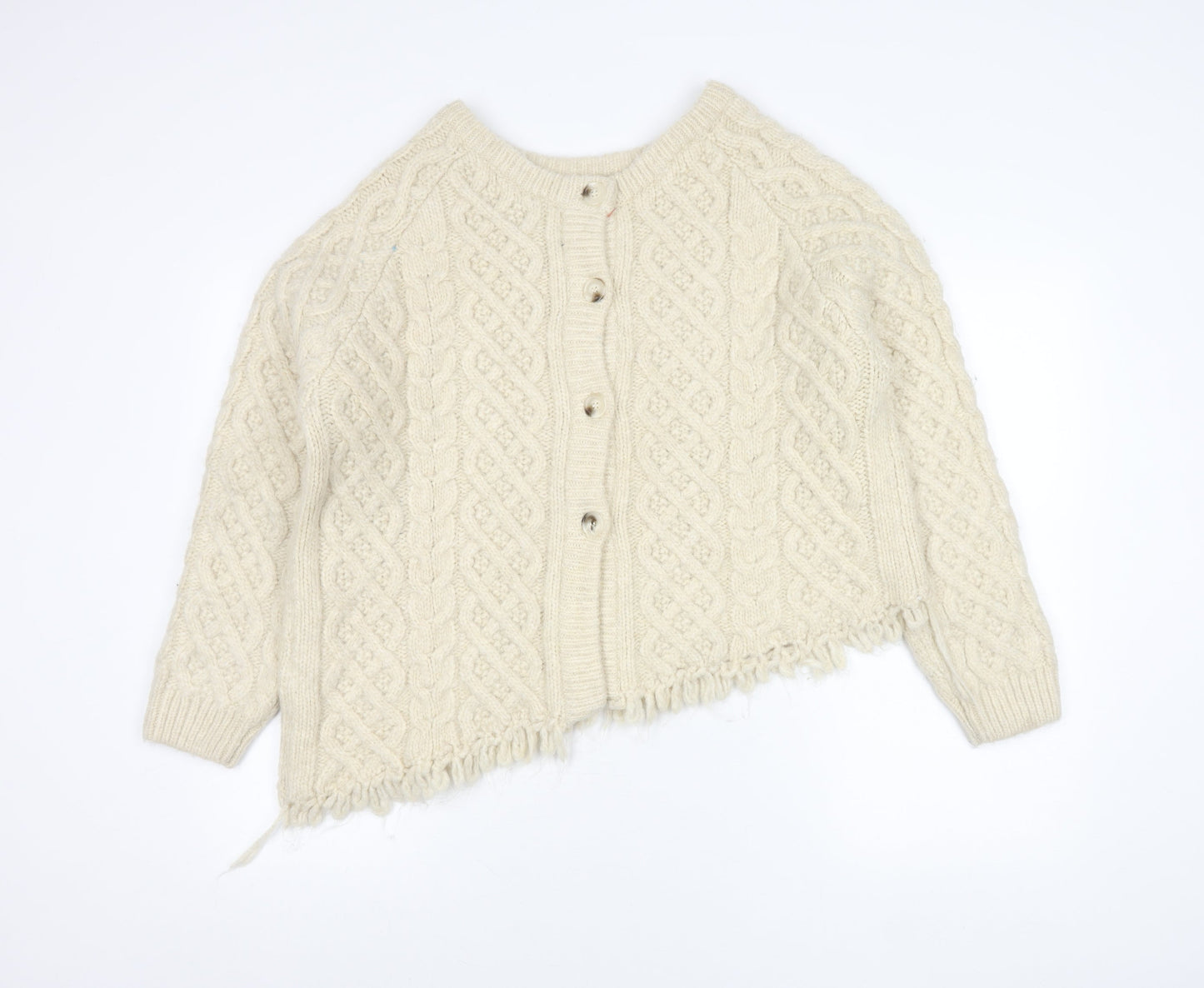 Zara Women Ivory Cable Knit Cardigan M Long Sleeve Crew Neck Fringed