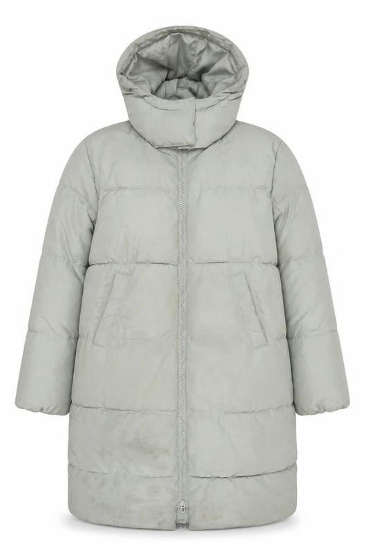 H&M Womens Grey Puffer Coat Size 8 Long Hooded Winter Jacket