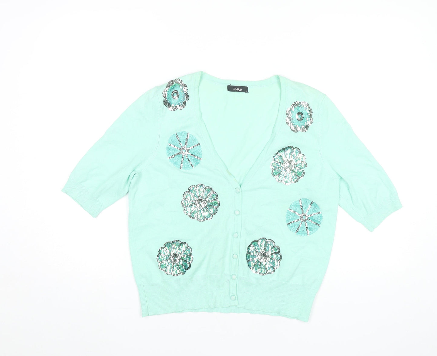 M&Co Womens Green Sequin V-Neck Cardigan Size 14