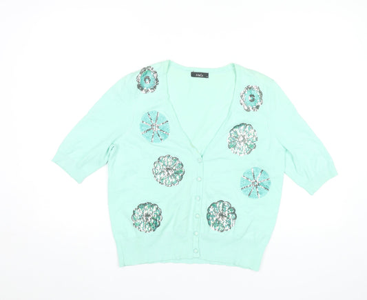 M&Co Womens Green Sequin V-Neck Cardigan Size 14