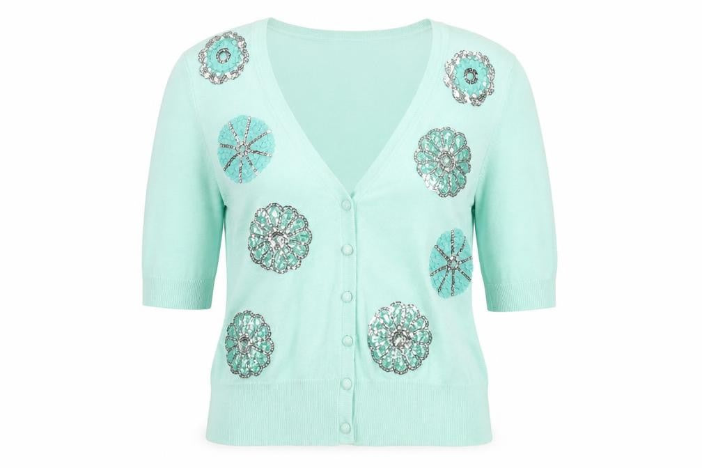 M&Co Womens Green Sequin V-Neck Cardigan Size 14