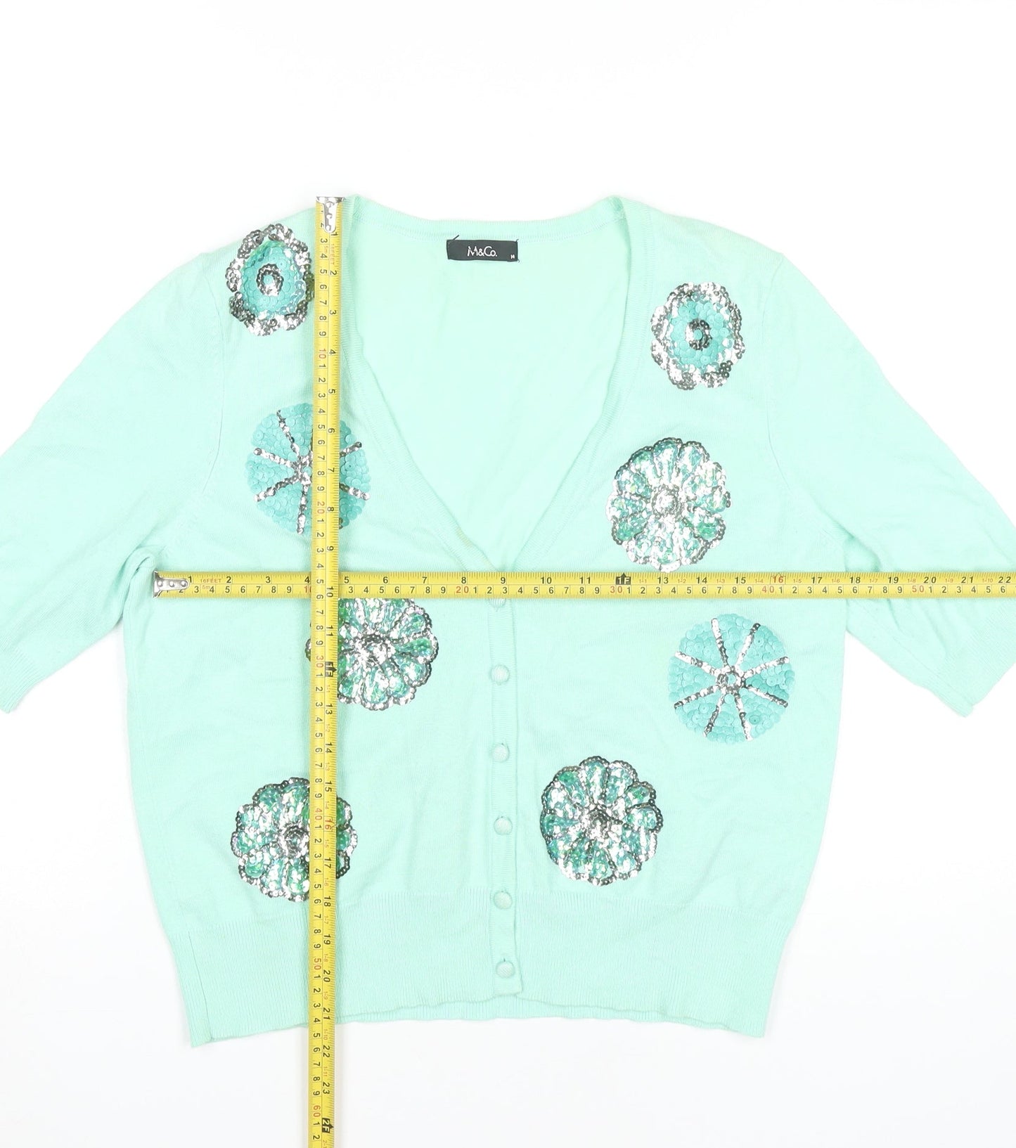 M&Co Womens Green Sequin V-Neck Cardigan Size 14
