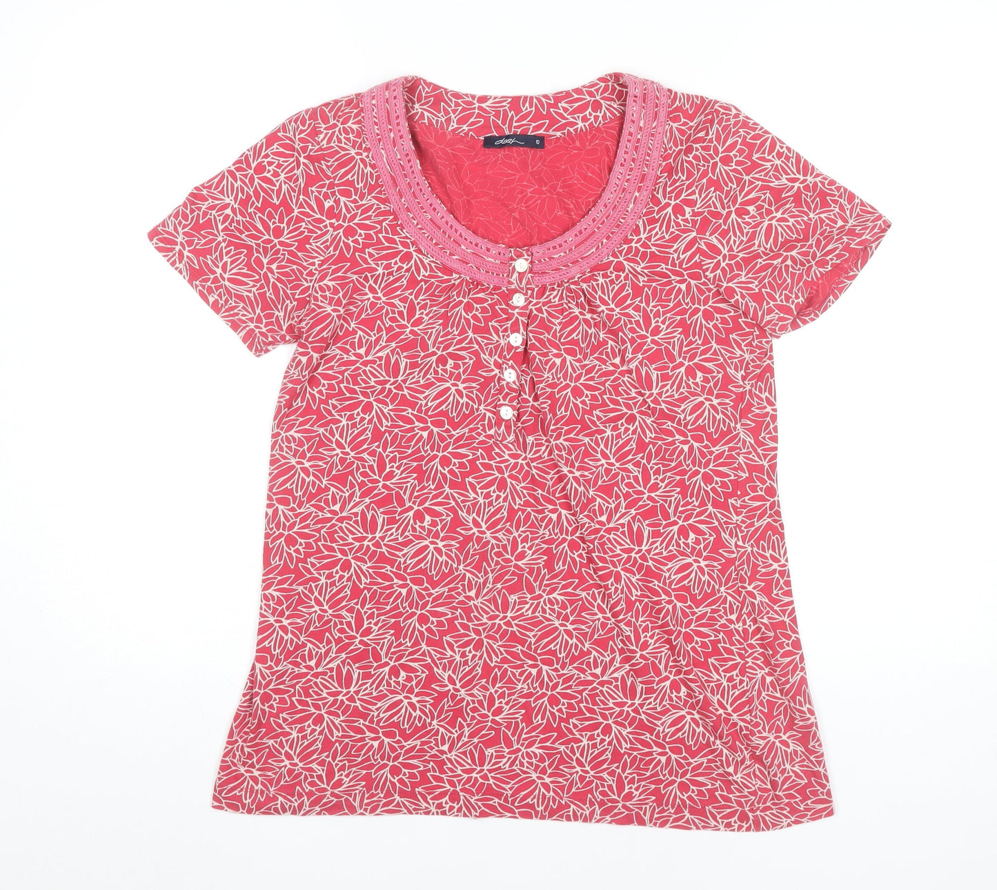 Dash Womens Red Floral Cotton T-Shirt UK 10 Short Sleeve