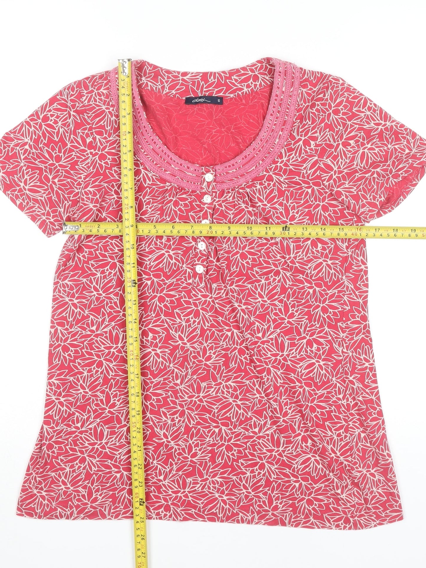 Dash Womens Red Floral Cotton T-Shirt UK 10 Short Sleeve