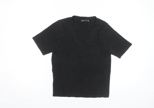 Marks and Spencer Women Black Size 14 Knit V-Neck Short Sleeve Top