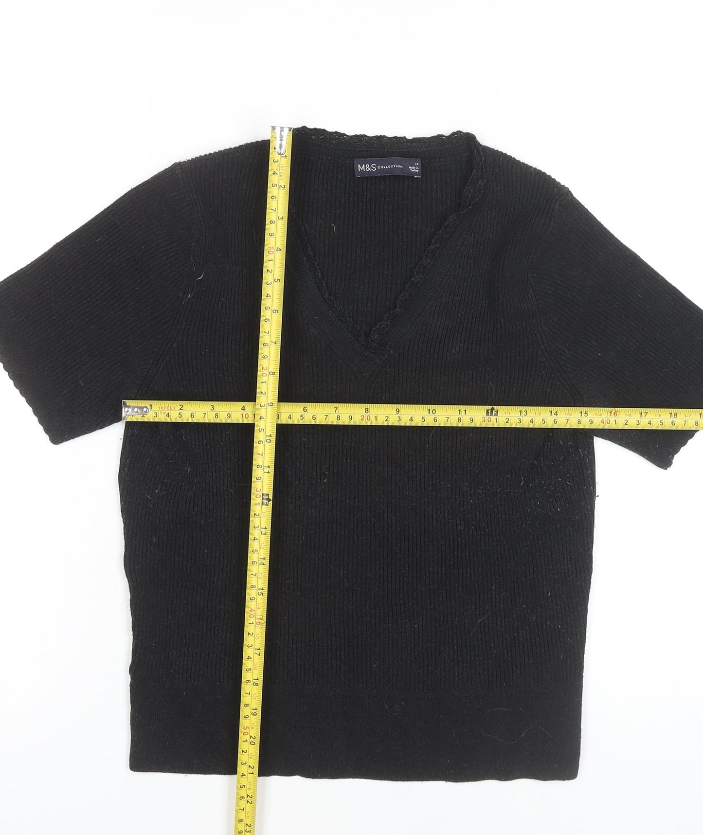 Marks and Spencer Women Black Size 14 Knit V-Neck Short Sleeve Top