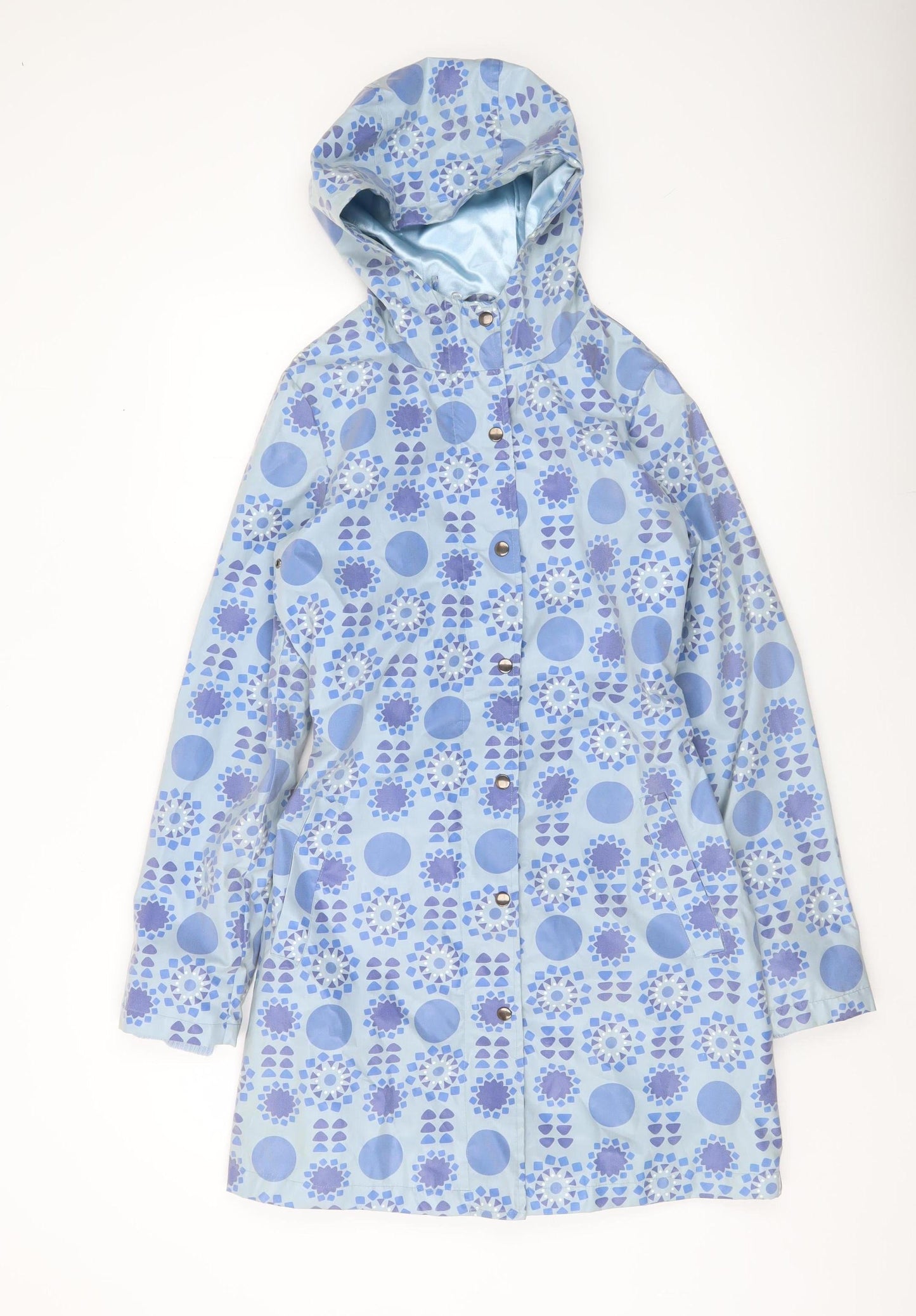 Fransa Womens Blue Geometric Hooded Rain Coat Size S Mid-Length