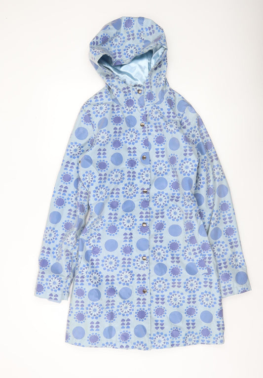Fransa Womens Blue Geometric Hooded Rain Coat Size S Mid-Length