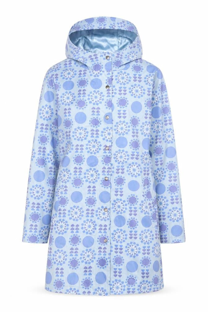 Fransa Womens Blue Geometric Hooded Rain Coat Size S Mid-Length