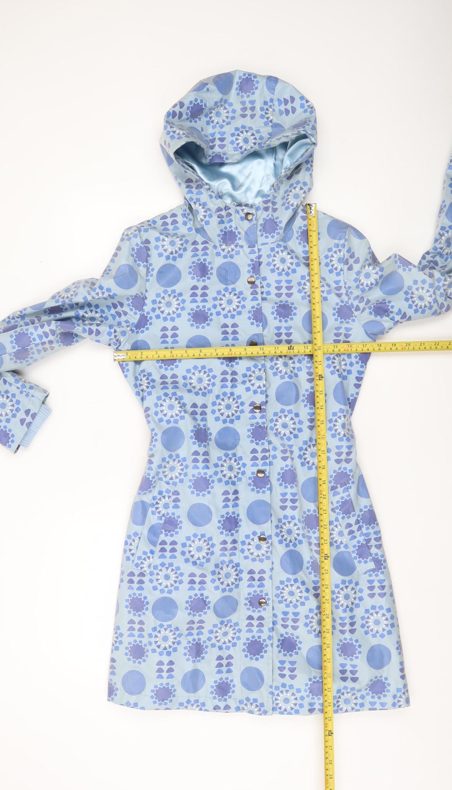 Fransa Womens Blue Geometric Hooded Rain Coat Size S Mid-Length