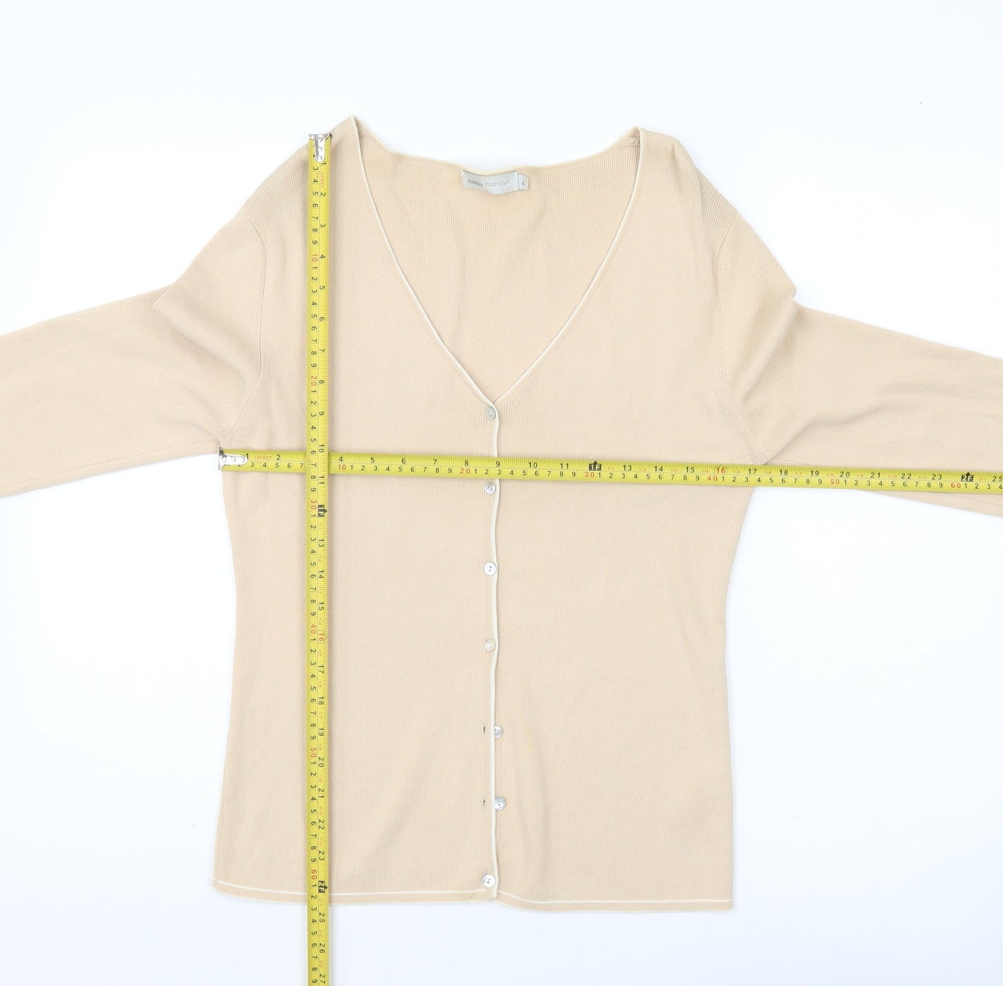 Debbie Morgan Womens Beige V-Neck Cardigan L 3/4 Sleeve Knit