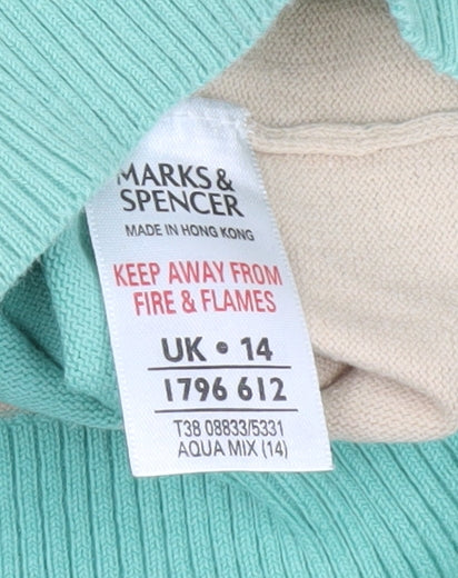 Marks & Spencer Womens Green Beige Striped Henley Jumper UK 14